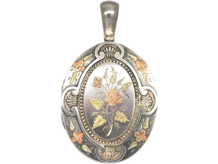 Victorian Silver & Gold Overlay Locket with Spray of Roses Motif