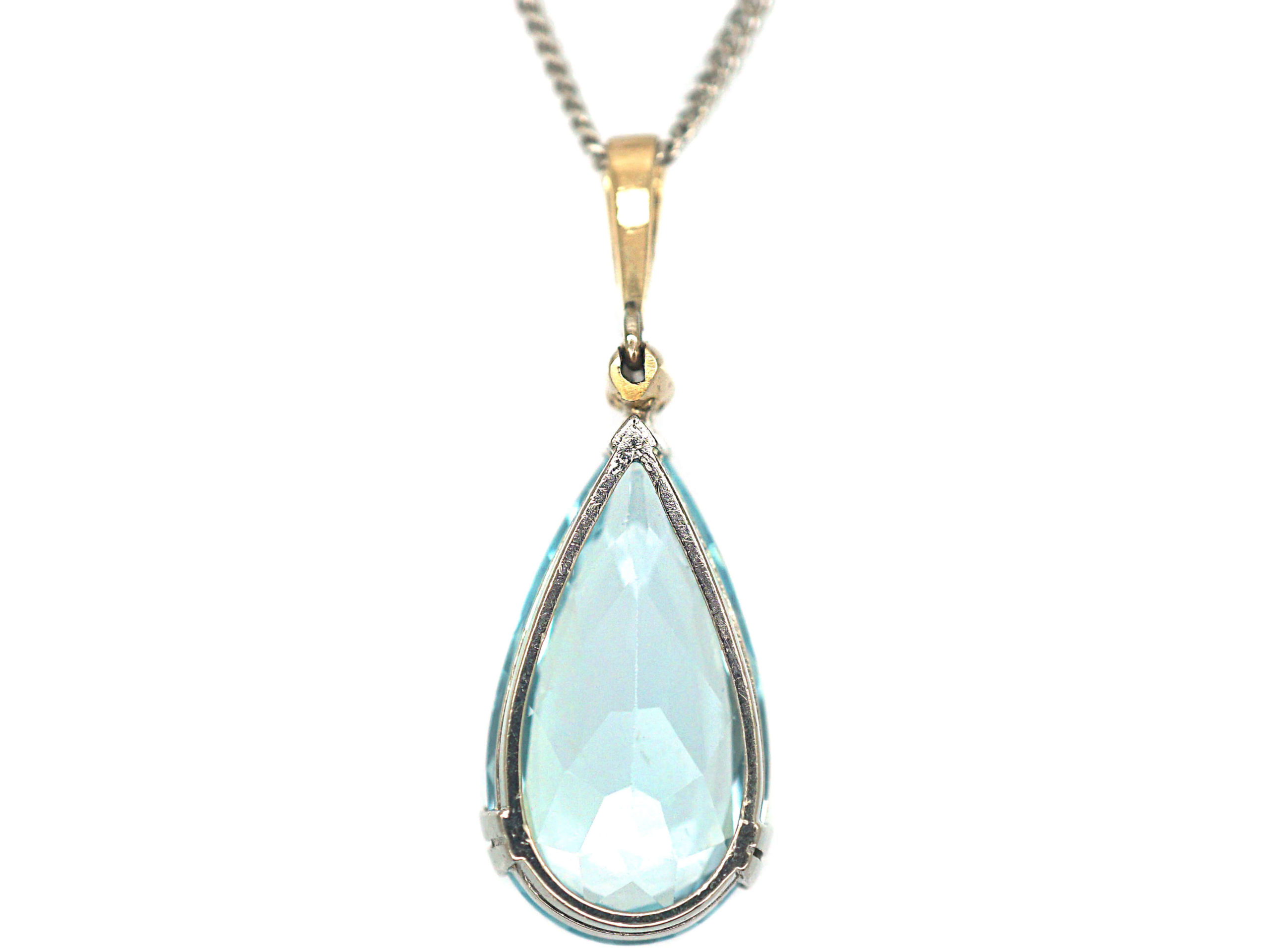 Art Deco 14ct White & Yellow Gold Aquamarine & Diamond Pendant on 8ct ...