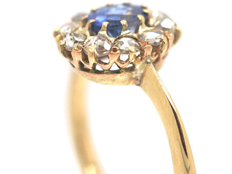 Edwardian 18ct Gold, Rose Cut Sapphire & Diamond Cluster Ring