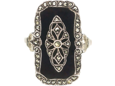 Art Deco Silver, Marcasite & Onyx Rectangular Ring