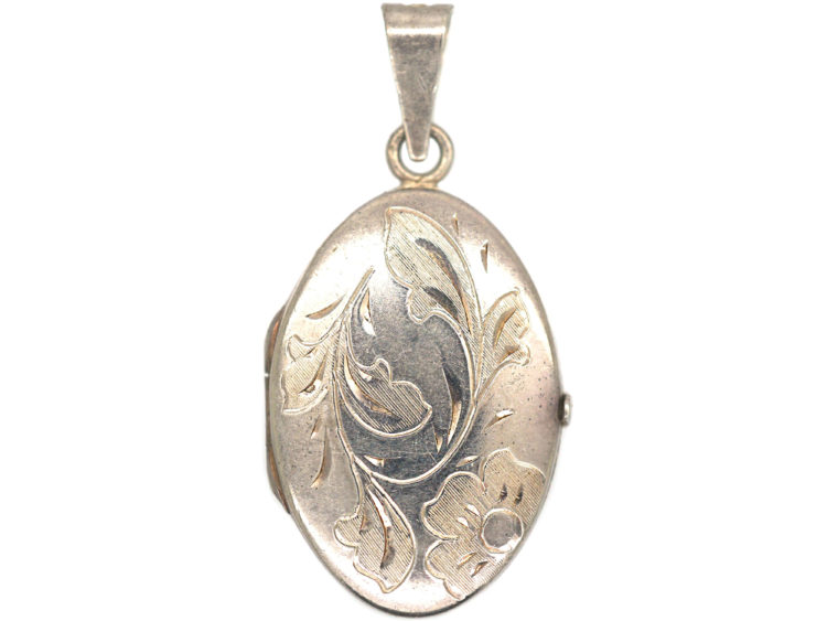 Silver Oval Engraved Locket With Flower & Swirls