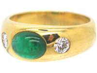 18ct Gold Cabochon Emerald & Diamond Rub Over Ring