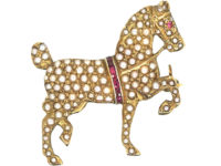 Edwardian 15ct Gold, Natural Split pearl & Ruby Dressage Horse Brooch
