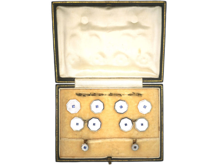 Art Deco 9ct & 18ct Gold Mother of Pearl & Sapphire Dress Set in Original Case