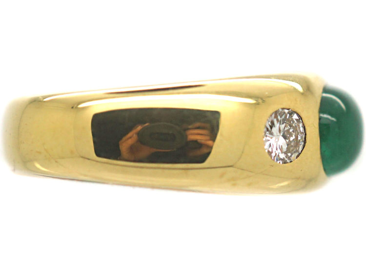 18ct Gold Cabochon Emerald & Diamond Rub Over Ring