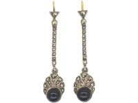Art Deco Silver, Onyx & Marcasite Drop Earrings