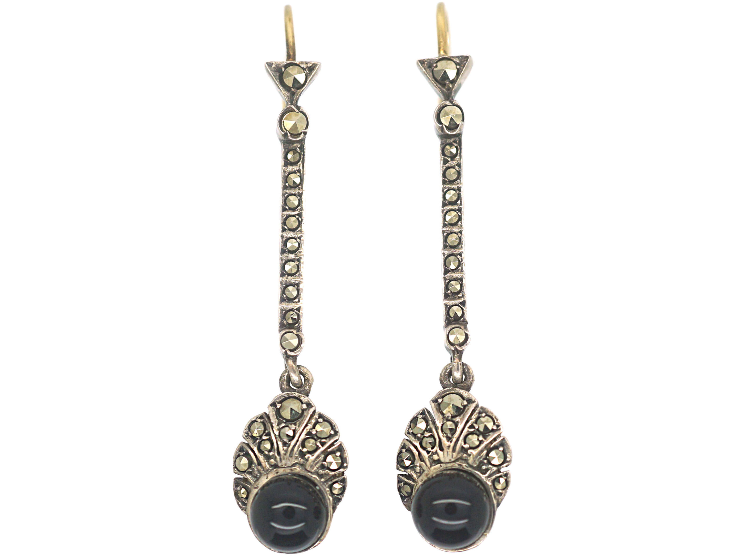 Art Deco Silver, Onyx & Marcasite Drop Earrings (760P) | The Antique ...