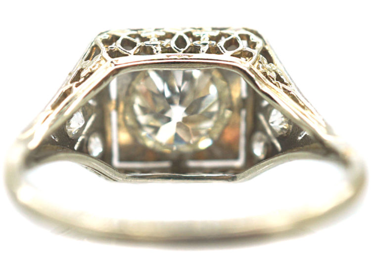 Art Deco 14ct White Gold & Platinum, Square Diamond Ring with Diamond Set Shoulders
