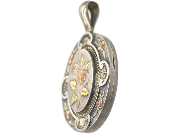 Victorian Silver & Gold Overlay Locket with Spray of Roses Motif