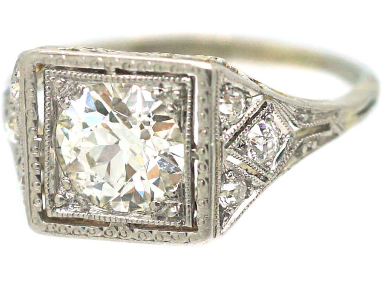 Art Deco 14ct White Gold & Platinum, Square Diamond Ring with Diamond Set Shoulders