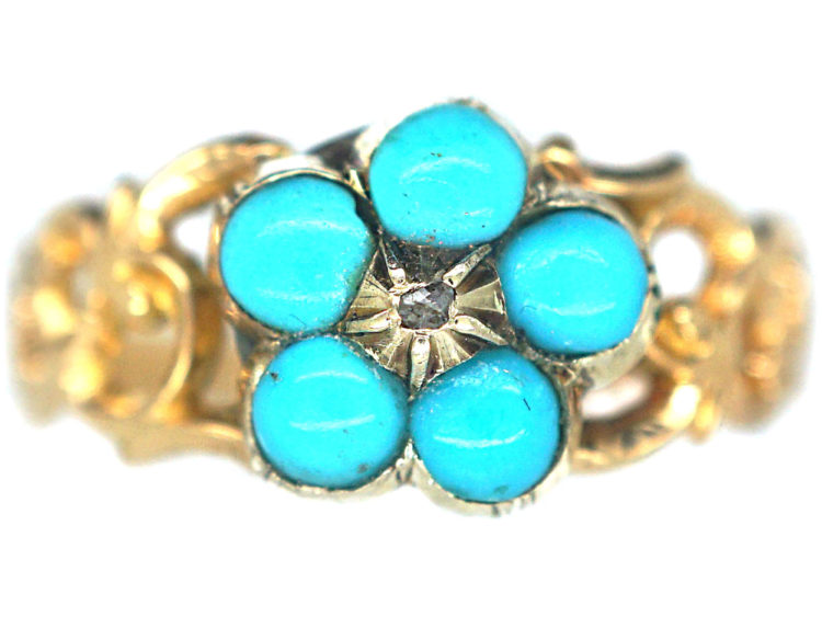 Regency 15ct Gold & Turquoise & Rose Diamond Forget me Not Ring