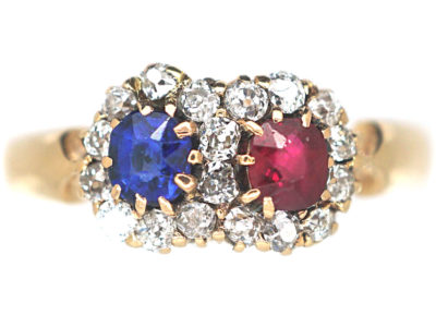 Edwardian 18ct Gold, Sapphire, Ruby & Diamond Double Cluster Ring