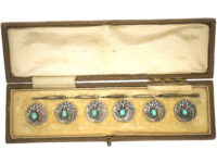Set of Six Art Nouveau Silver & Turquoise Buttons by Theodor Fahrner & Retailed by Murrle Bennett & Co
