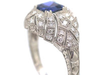 Art Deco Platinum, Ceylon Sapphire & Diamond Cluster Ring