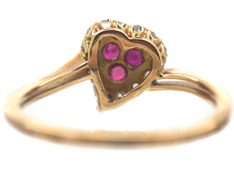 French 18ct Gold Belle Epoque Heart Shaped Ring set with Rubies & Rose Diamonds