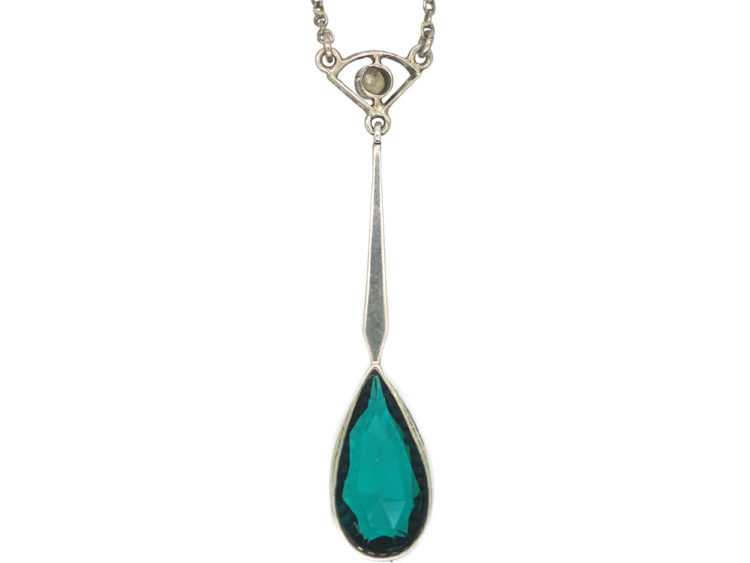 Art Deco Silver Drop Pendant on Silver Chain set with a Green Paste & Pearl