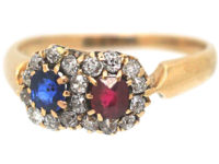 Edwardian 18ct Gold, Sapphire, Ruby & Diamond Double Cluster Ring