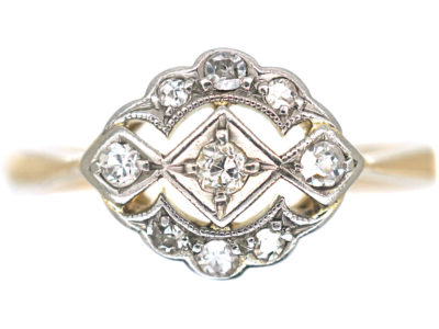 Art Deco 18ct Gold, Platinum & Diamond Cluster Ring
