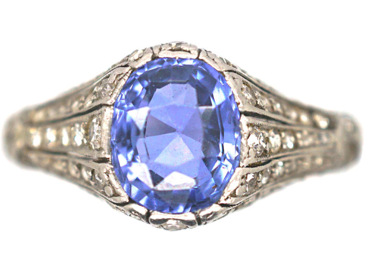 Art Deco Platinum, Ceylon Sapphire & Rose Diamond Ring