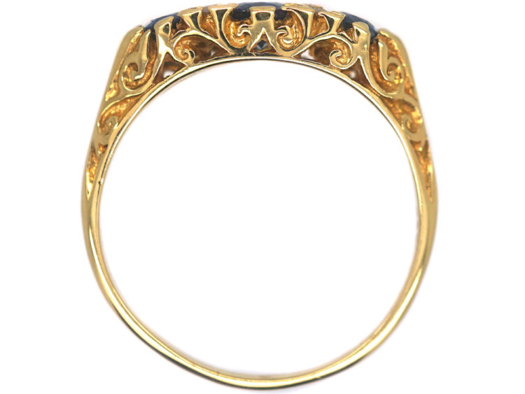 18ct Gold Three Stone Sapphire & Diamond Carved Half Hoop Ring