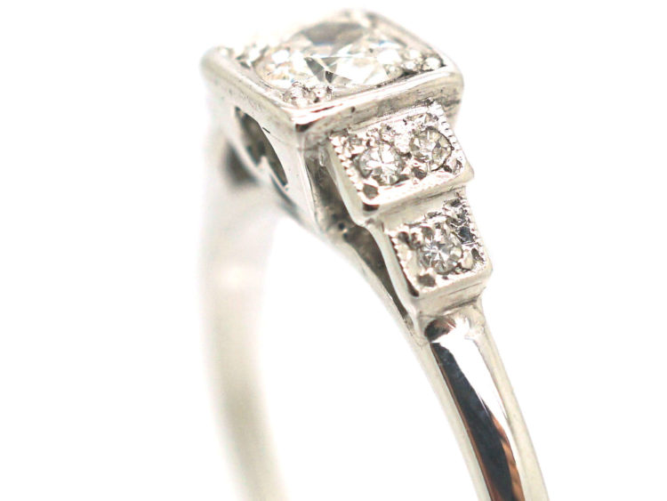 Art Deco 18ct Gold & Platinum Diamond Solitaire Ring with Step Cut Shoulders