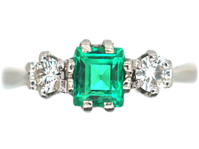 Art Deco Platinum Emerald & Diamond Three Stone Ring