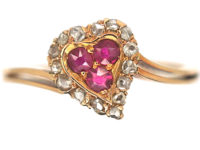 French 18ct Gold Belle Epoque Heart Shaped Ring set with Rubies & Rose Diamonds