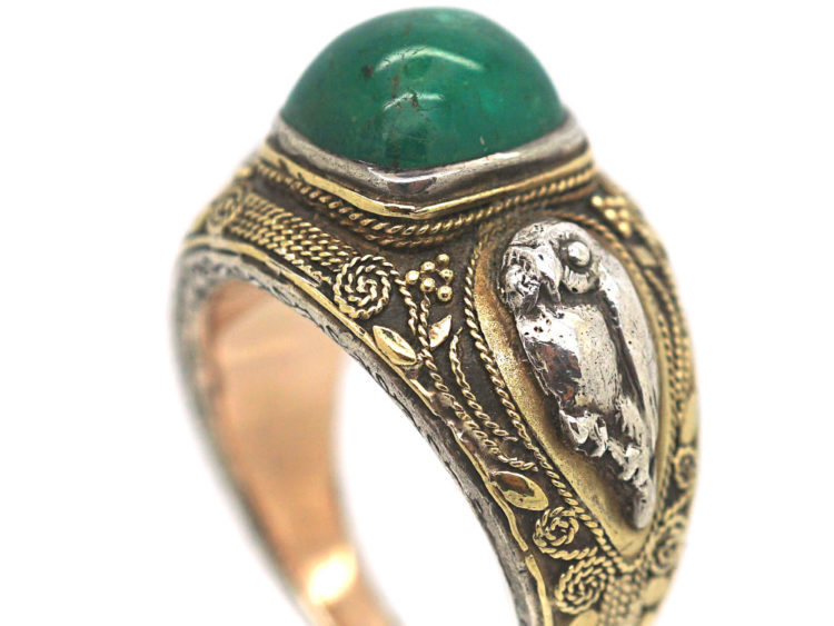 Large Arts & Crafts Gold & Silver Ring set with a Sugar Loaf Emerald & Owl Detail by William Thomas Blackband