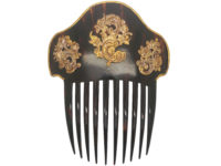 Large Victorian Tortoiseshell Hair Comb With Gold Cornucopias of Roses