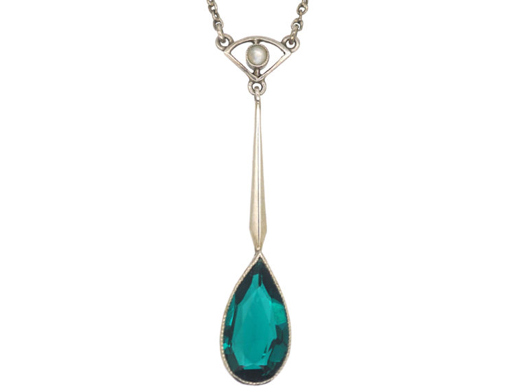 Art Deco Silver Drop Pendant on Silver Chain set with a Green Paste & Pearl