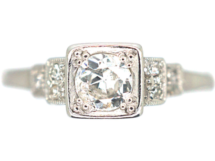 Art Deco 18ct Gold & Platinum Diamond Solitaire Ring with Step Cut Shoulders