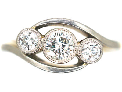 Edwardian 18ct Gold & Platinum Three Stone Diamond Crossover Ring