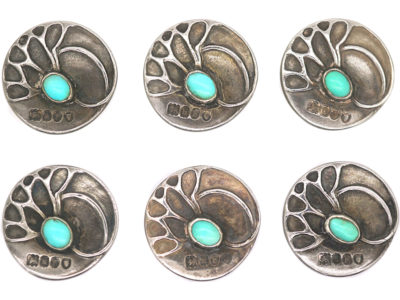 Set of Six Art Nouveau Silver & Turquoise Buttons by Theodor Fahrner & Retailed by Murrle Bennett & Co