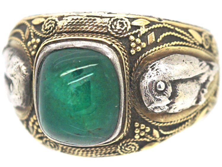 Large Arts & Crafts Gold & Silver Ring set with a Sugar Loaf Emerald & Owl Detail by William Thomas Blackband