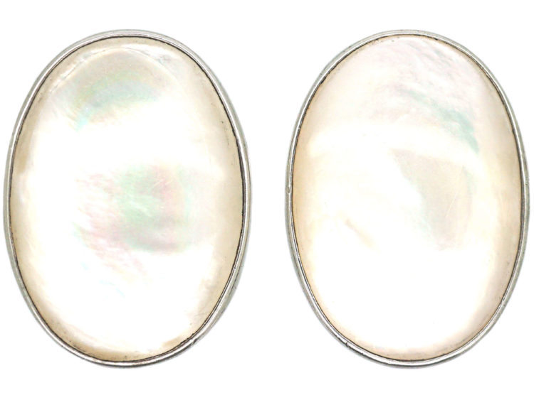 Large Polish Silver & Mother of Pearl Oval Shaped Earrings