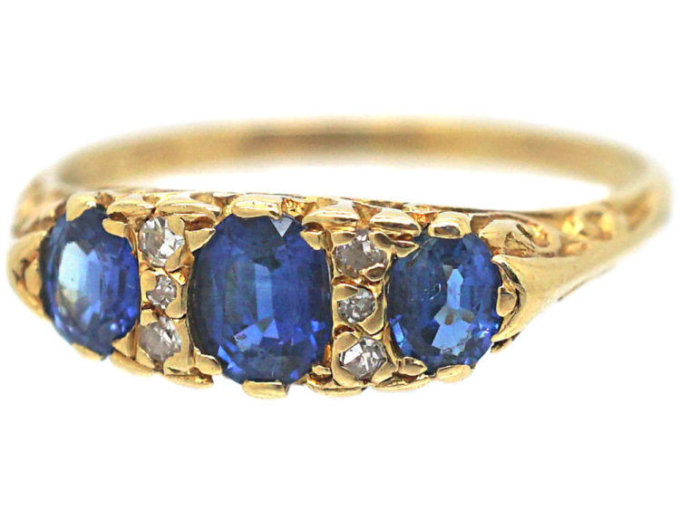 18ct Gold Three Stone Sapphire & Diamond Carved Half Hoop Ring