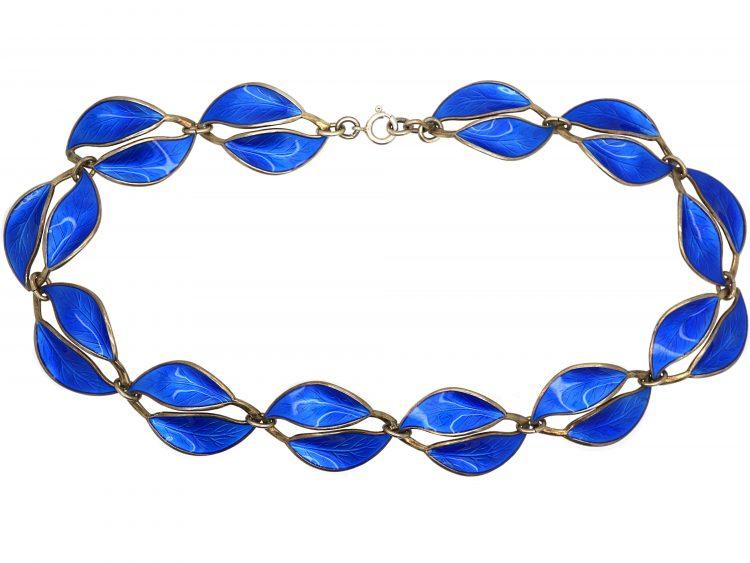 Silver & Blue Enamel Double Leaf Design Necklace by Willy Winnaess for  David Andersen