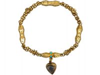 Georgian 15ct Gold & Turquoise Forget Me Not Bracelet with Heart Shaped Drop with Glazed Locket on Reverse