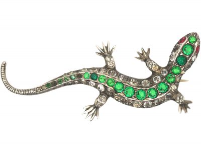 Art Deco Silver, Green, White & Red Paste Brooch of a Lizard