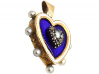 Edwardian 15ct Gold Blue & White Enamel, Natural Pearl & Rose Diamond Heart Pendant