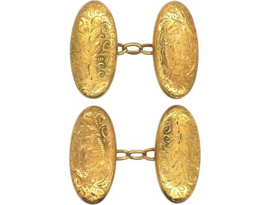 Victorian 15ct Gold Engraved Oval Shaped Cufflinks