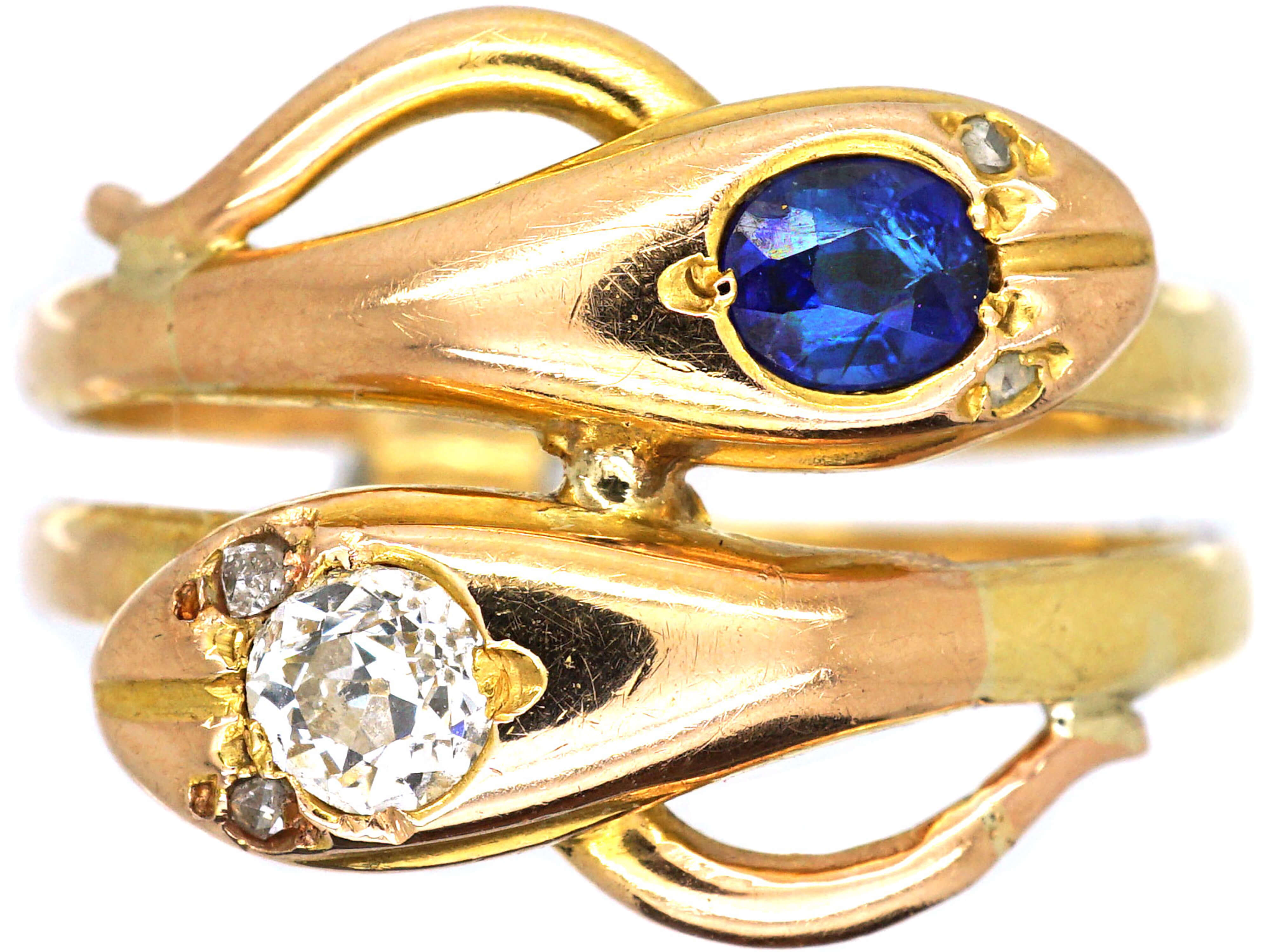 Edwardian 18ct Gold Double Snake Ring set with a Sapphire & a Diamond