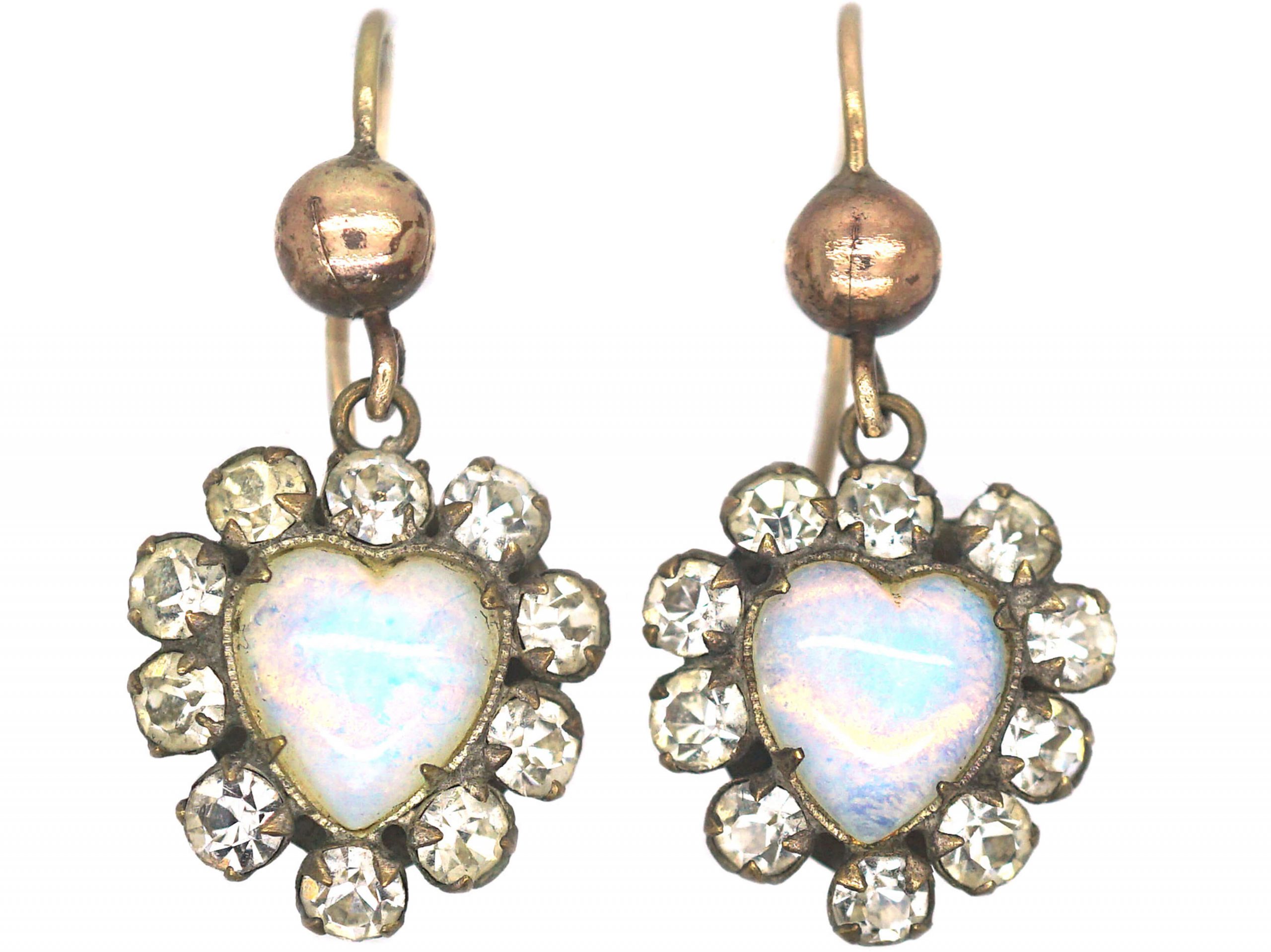 Victorian Opaline Glass & Paste Heart Shaped Earrings on 9ct Gold Wires