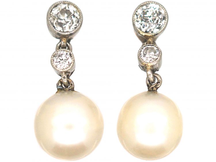 Edwardian Natural Pearl & Diamond Drop Earrings