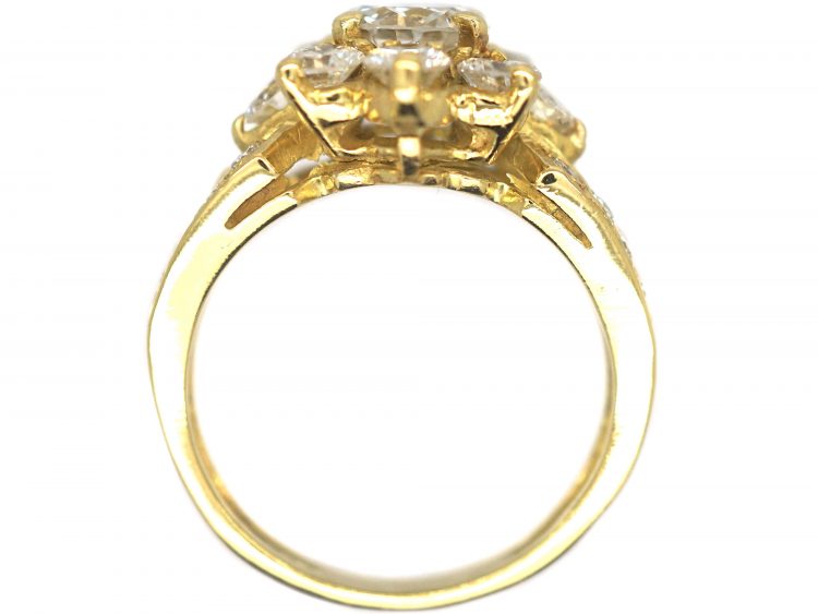 French 18ct Gold Diamond Cluster Ring with Split Shoulders set with Diamonds