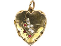 Edwardian 9ct Back & Front Heart Shaped Locket with Swallow Motif set with Garnets & Paste