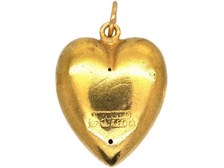 Edwardian 15ct Gold Heart Shaped Pendant with Rose Diamond Set Flower Motif