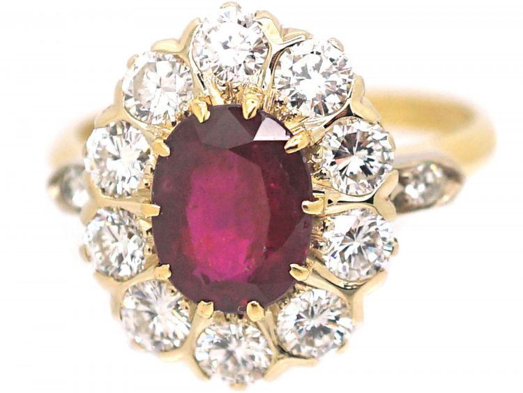 French 18ct Gold, Ruby & Diamond Cluster Ring with Diamond Set Shoulders