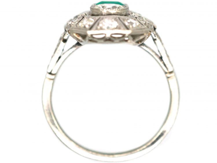 Art Deco Platinum, Emerald & Diamond Plaque Ring with Diamond Set Shoulders