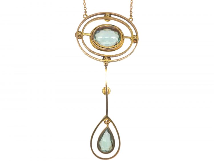 Art Deco 9ct Gold Aquamarine & Natural Split Pearls Pendant on 9ct Gold Chain
